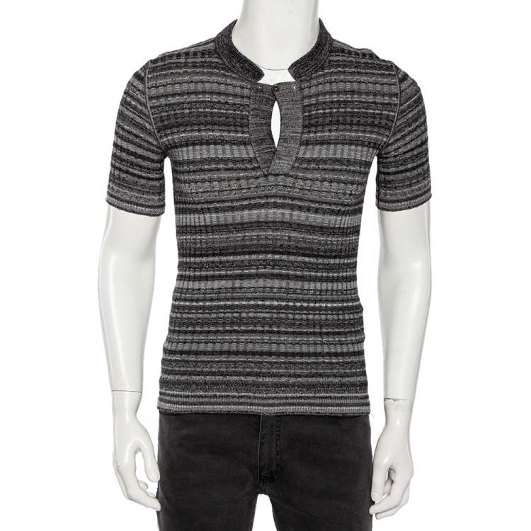 Pre Owned Dolce & Gabbana Grey Striped Ribbed Knit V- Neck Sweater S 