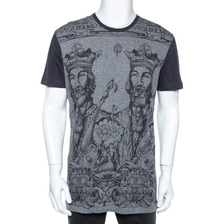 Pre Owned Dolce & Gabbana Dark Grey Norman King Print Cotton T-Shirt XXL 