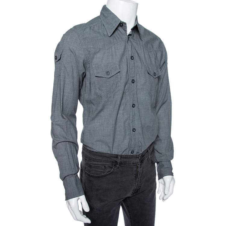 Pre Owned Dolce & Gabbana Grey Micro Checkered Cotton Sicilia Fit Shirt M 