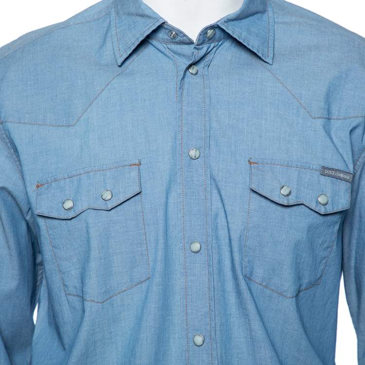 Pre Owned Dolce & Gabbana Light Blue Cotton Patch Pocket Detail Shirt XL 