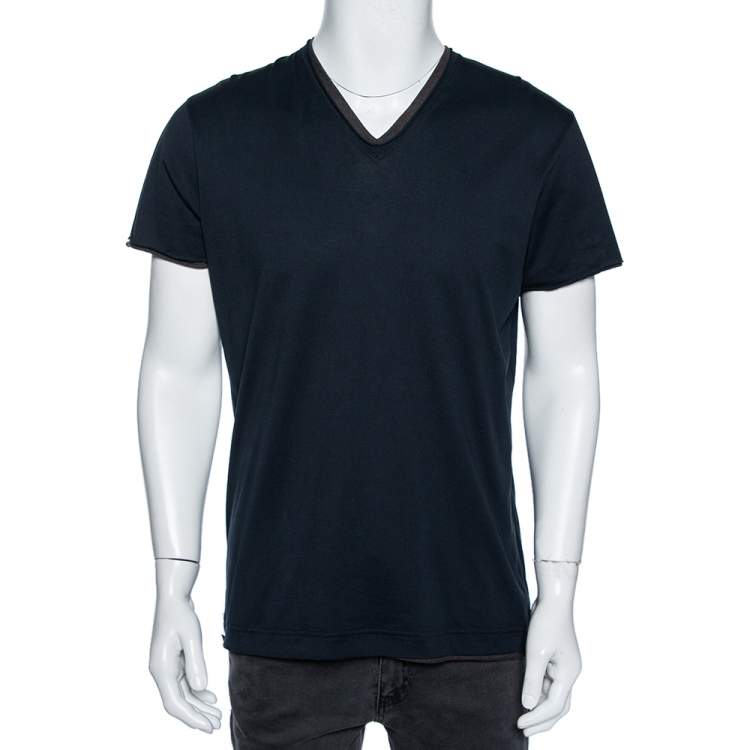 Pre Owned Dolce & Gabbana Navy Blue Jersey Contrast Trim Detail T-Shirt L 
