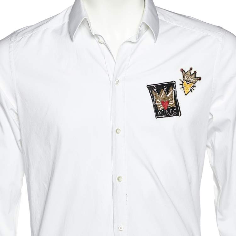 Pre Owned Dolce & Gabbana White Prince & King Applique Detail Gold Fit Shirt M