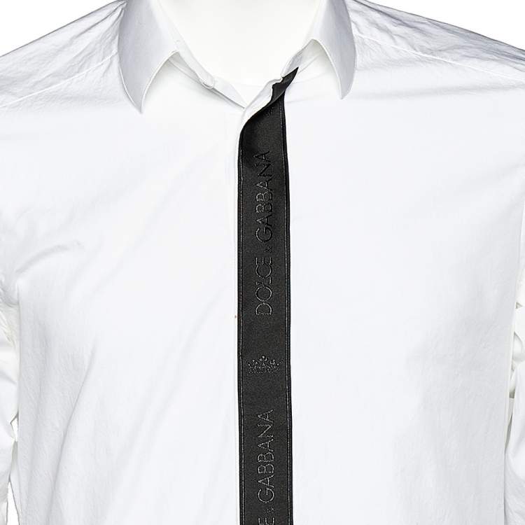 Pre Owned Dolce & Gabbana White Cotton Contrast Logo Tape Detail Gold Fit Shirt M