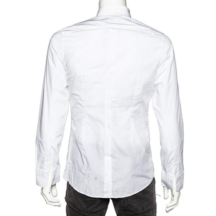 Pre Owned Dolce & Gabbana White Cotton Contrast Logo Tape Detail Gold Fit Shirt M