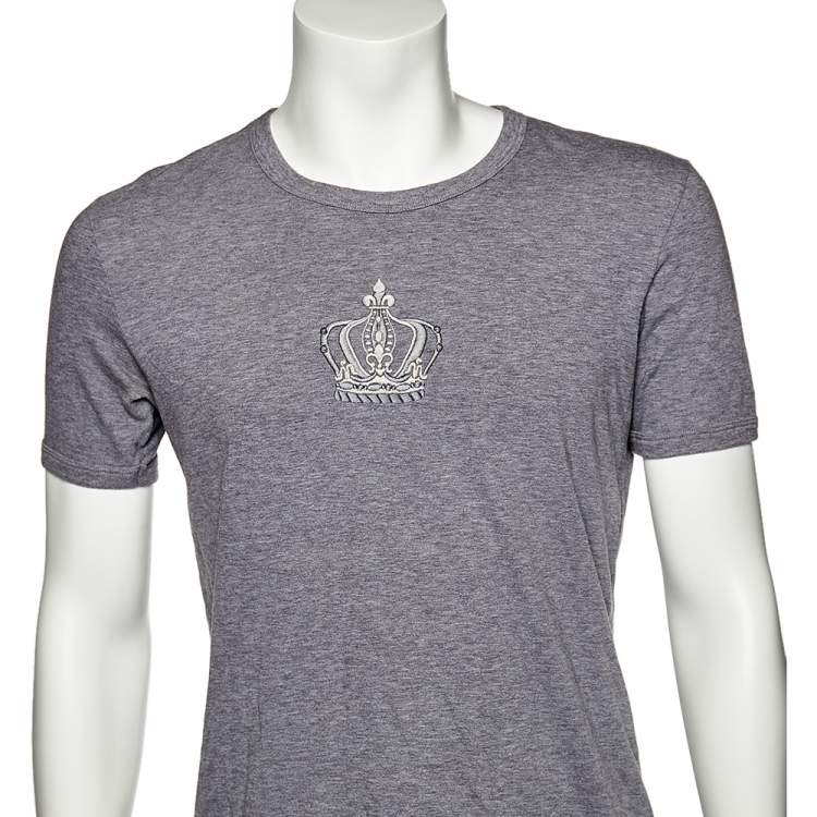 Pre Owned Dolce & Gabbana Grey Cotton Embroidered Crown Round Neck T-Shirt M