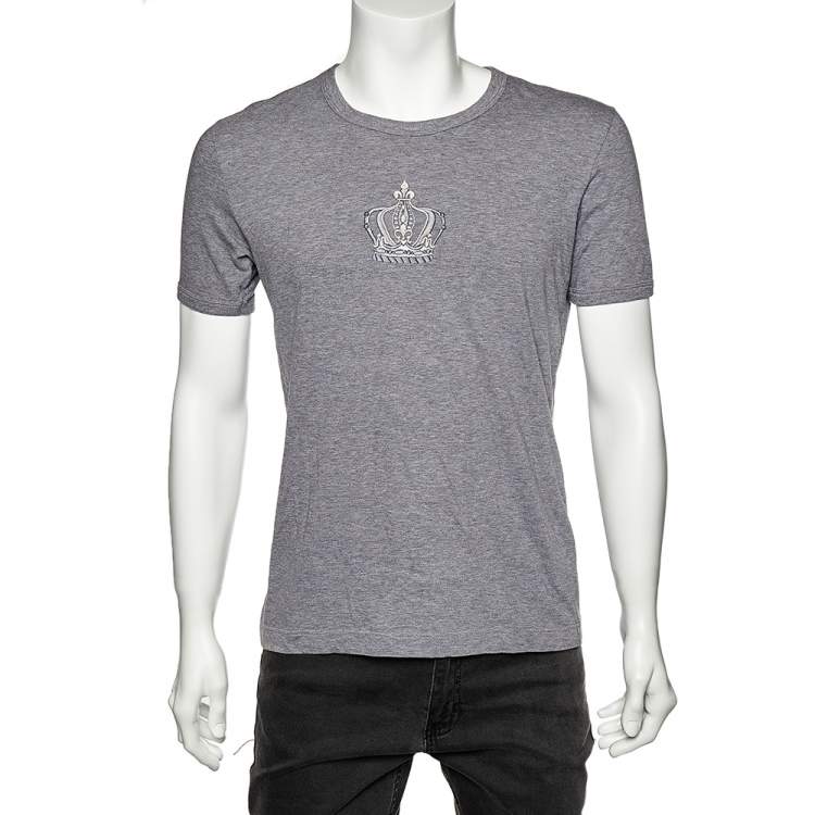 Pre Owned Dolce & Gabbana Grey Cotton Embroidered Crown Round Neck T-Shirt M