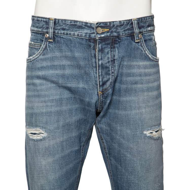 Pre Owned Dolce & Gabbana Blue Distressed Denim Tapered Jeans XL 