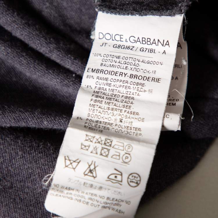 Pre Owned Dolce & Gabbana Grey Cotton Crown & Bee Patch V-Neck T Shirt XXXL