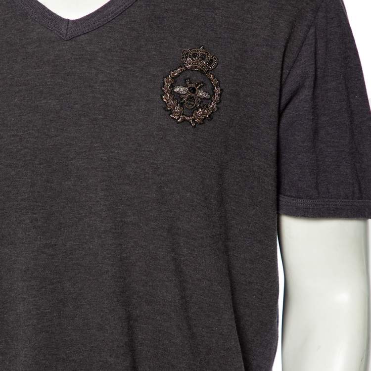 Pre Owned Dolce & Gabbana Grey Cotton Crown & Bee Patch V-Neck T Shirt XXXL