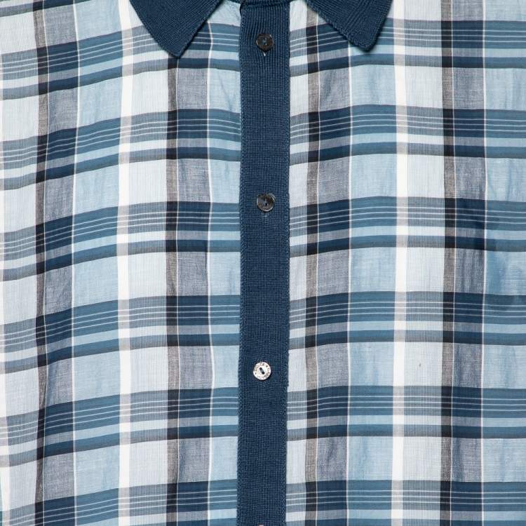 Pre Owned Dolce & Gabbana Blue Checkered Cotton Knit trim Gold Fit Shirt XXL