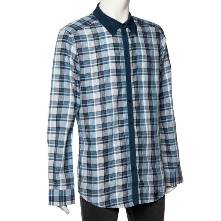 Pre Owned Dolce & Gabbana Blue Checkered Cotton Knit trim Gold Fit Shirt XXL