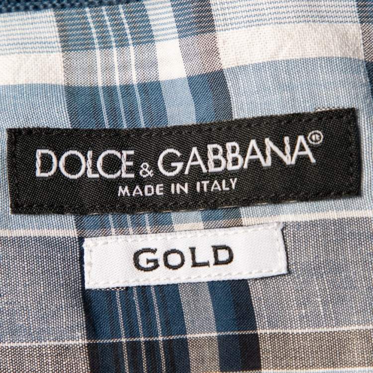 Pre Owned Dolce & Gabbana Blue Checkered Cotton Knit trim Gold Fit Shirt XXL