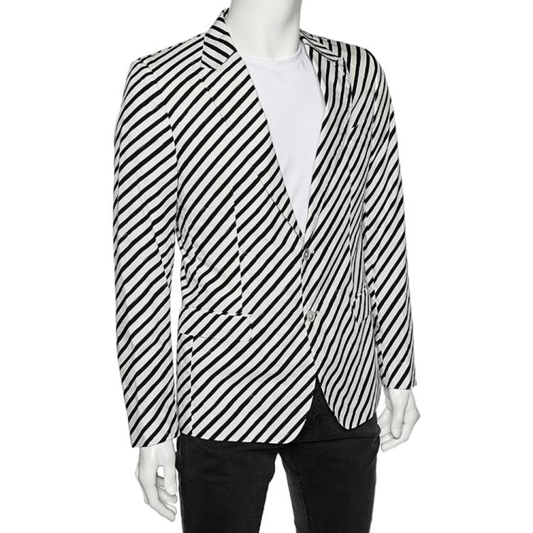 Pre Owned Dolce & Gabbana Monochrome Striped Cotton Button Front Blazer M