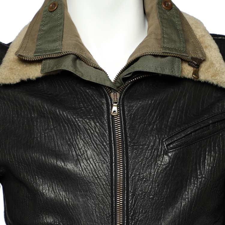 Pre Owned Dolce & Gabbana Black Leather & Cotton Layered Zip Front Jacket S