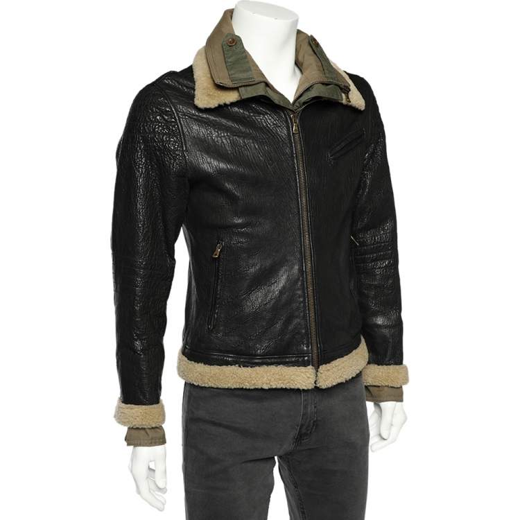 Pre Owned Dolce & Gabbana Black Leather & Cotton Layered Zip Front Jacket S