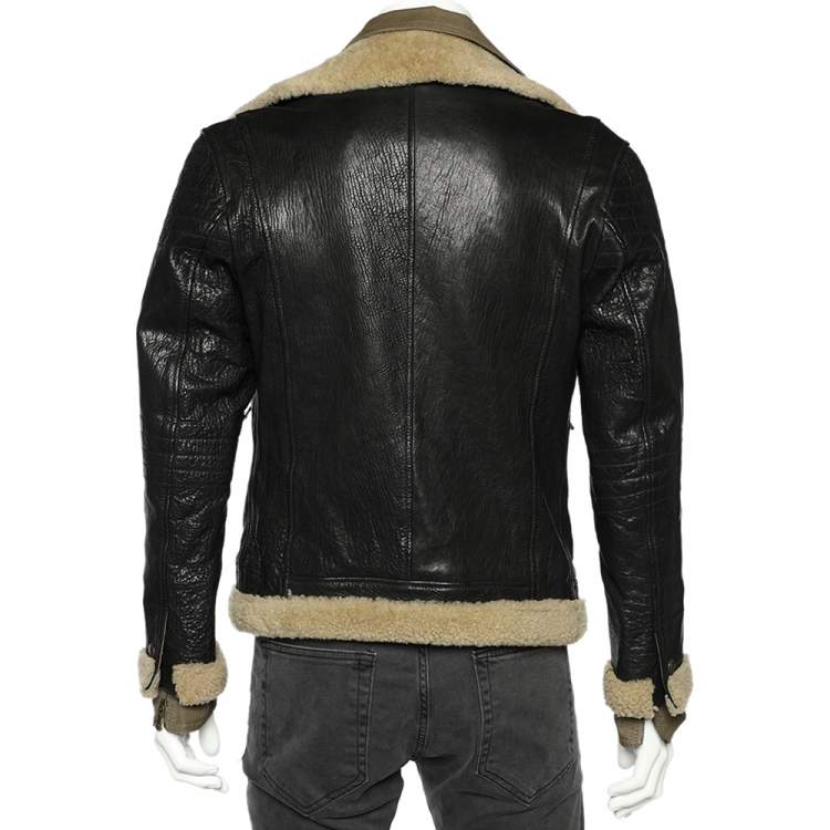 Pre Owned Dolce & Gabbana Black Leather & Cotton Layered Zip Front Jacket S