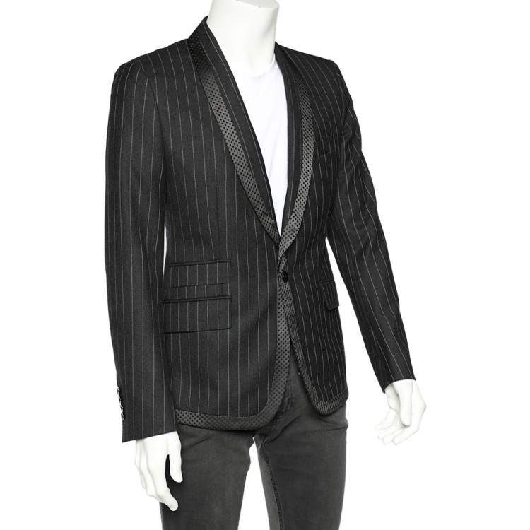 Pre Owned Dolce & Gabbana Charcoal Grey Striped Wool & Silk Trimmed Blazer M