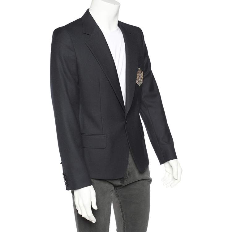 Pre Owned Dolce & Gabbana Midnight Blue Wool Logo Embroidered Single Breasted Blazer M 