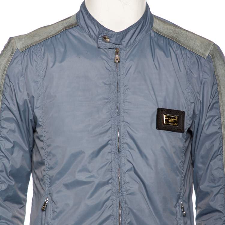Pre Owned Dolce & Gabbana Blue Synthetic and Leather Trim Zip Front Jacket M