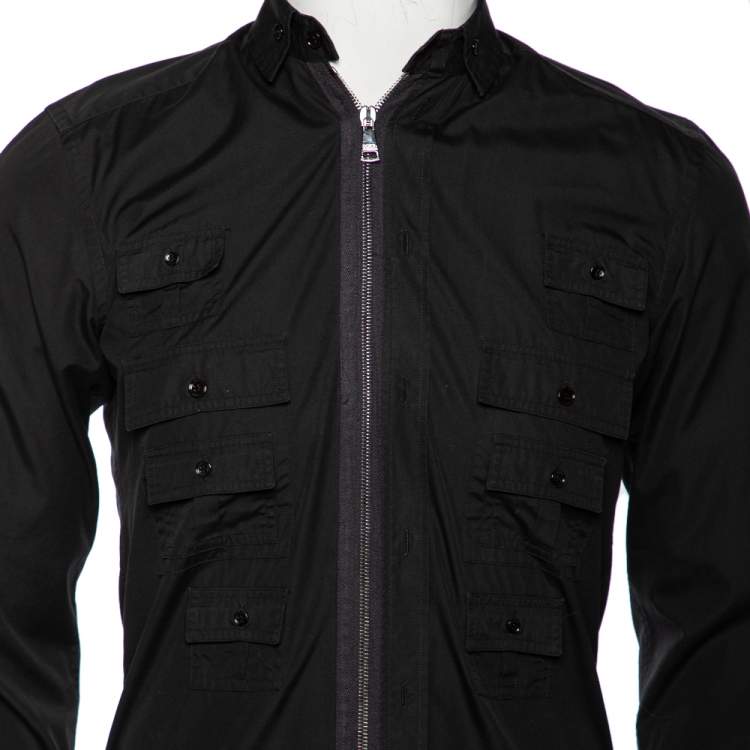 Pre Owned Dolce & Gabbana Black Cotton Pocket Detail Zip Front Slim Fit Shirt M