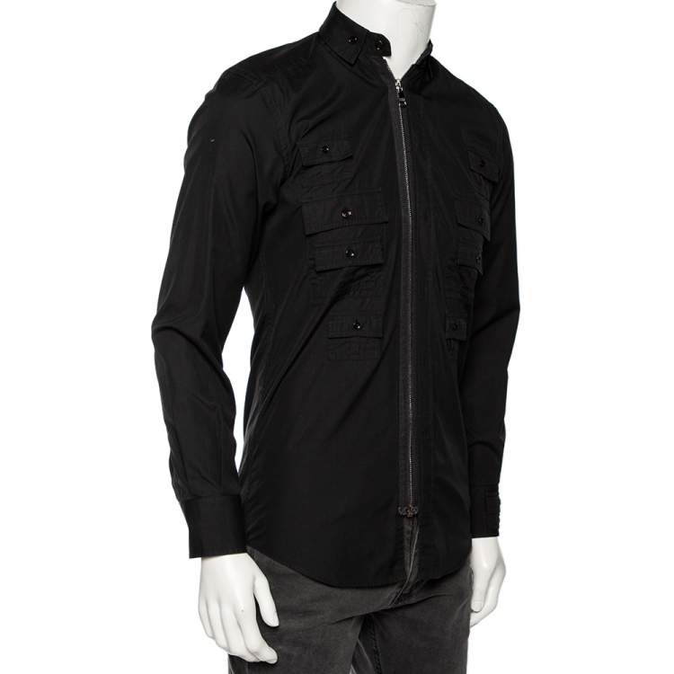 Pre Owned Dolce & Gabbana Black Cotton Pocket Detail Zip Front Slim Fit Shirt M