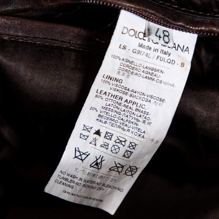 Pre Owned Dolce & Gabbana Vintage Brown Leather Zip Front Jacket M