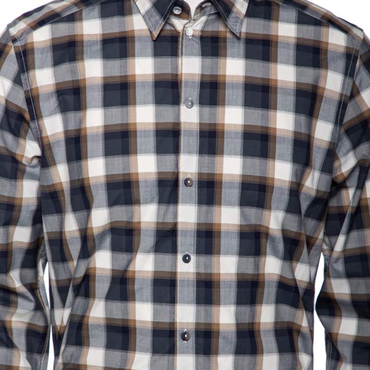 Pre Owned Dolce & Gabbana Blue & Brown Plaid Checked Cotton Gold Label Shirt XL