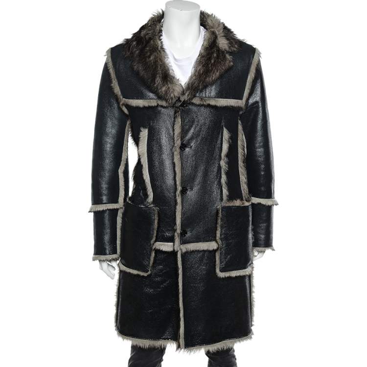 Pre Owned Dolce & Gabbana Black Leather & Fur Reversible Button Front Coat XL