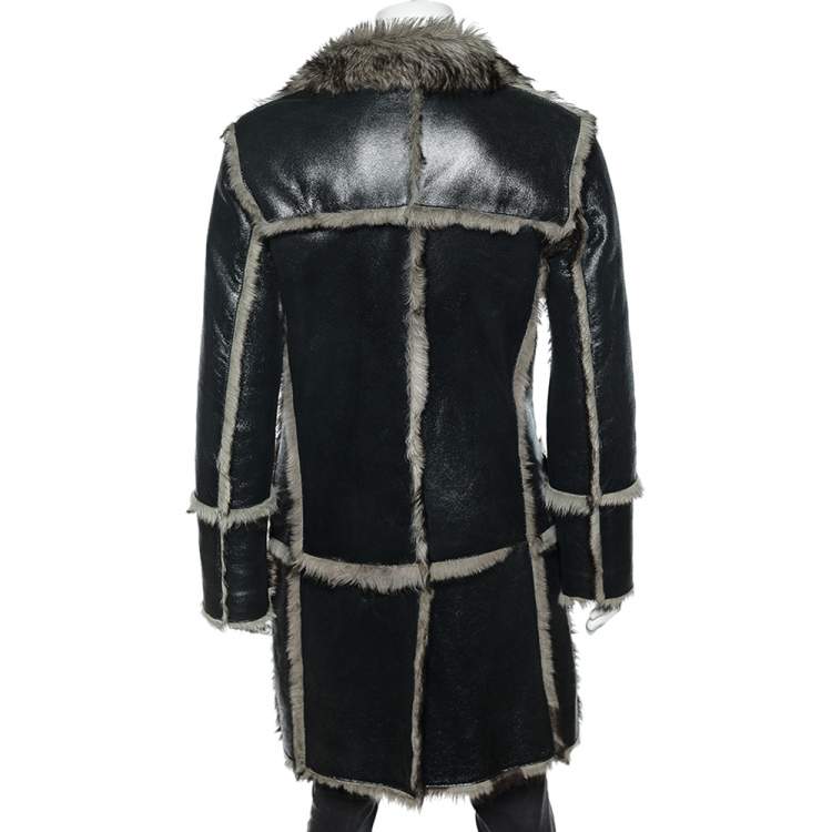 Pre Owned Dolce & Gabbana Black Leather & Fur Reversible Button Front Coat XL