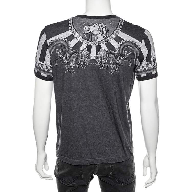 Pre Owned Dolce & Gabbana Grey Dragon Printed Cotton Crewneck T-Shirt L
