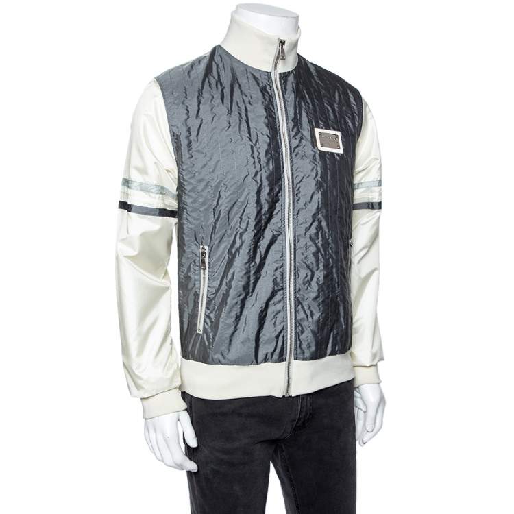 Pre Owned Dolce & Gabbana Grey & Cream Colorblock Synthetic Zip Front Jacket L