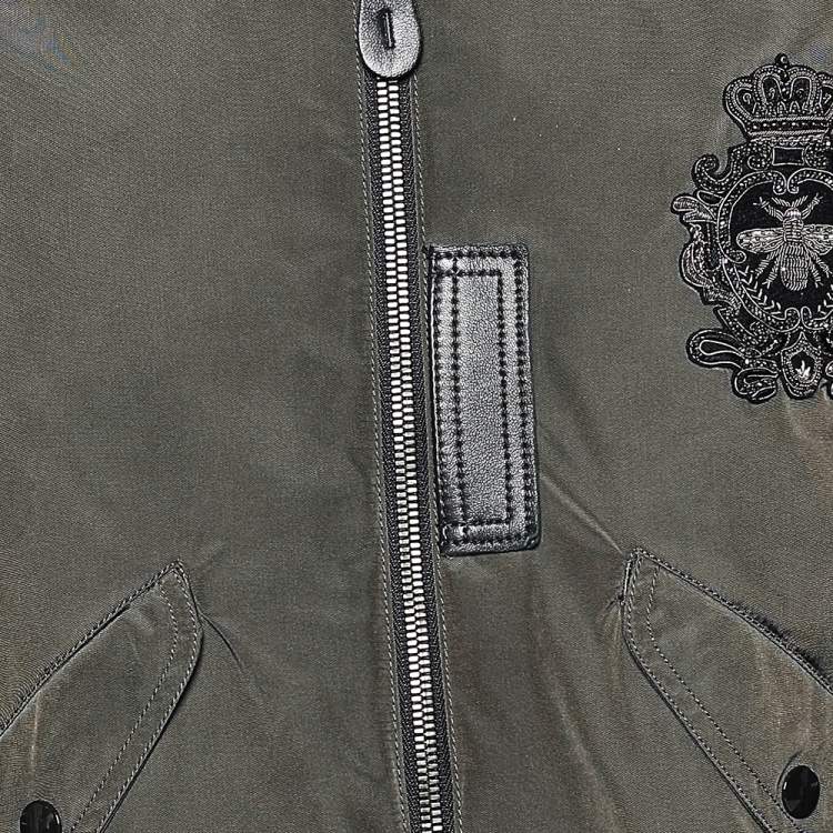Pre Owned Dolce & Gabbana Military Green Nylon Bee & Crown Embellished Bomber Jacket S