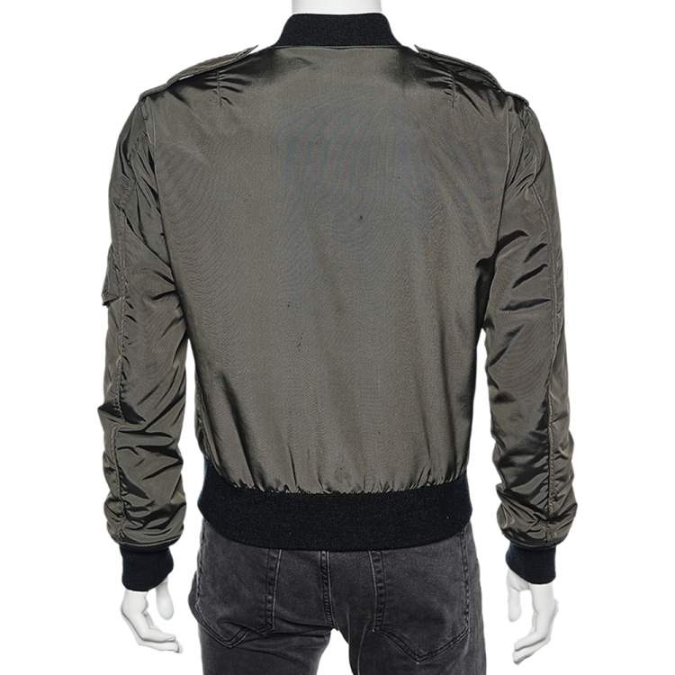 Pre Owned Dolce & Gabbana Military Green Nylon Bee & Crown Embellished Bomber Jacket S