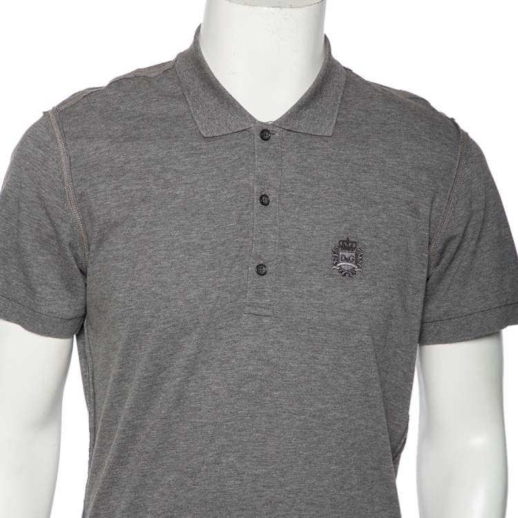 Pre Owned Dolce & Gabbana Grey Cotton Pique Logo Crest Embroidered Polo T-Shirt L