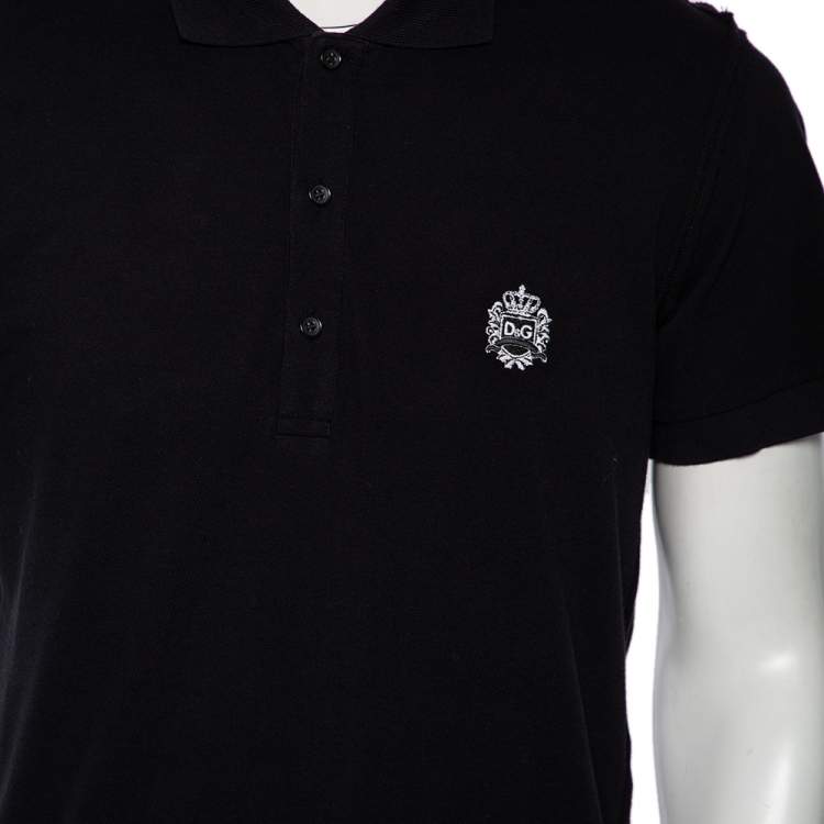 مملوكة مسبقًا Dolce & Gabbana Black Cotton Pique Logo Crest Embroidered Polo T-Shirt L