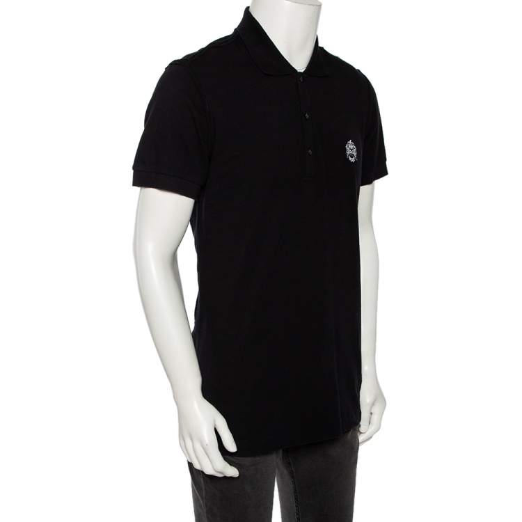 مملوكة مسبقًا Dolce & Gabbana Black Cotton Pique Logo Crest Embroidered Polo T-Shirt L
