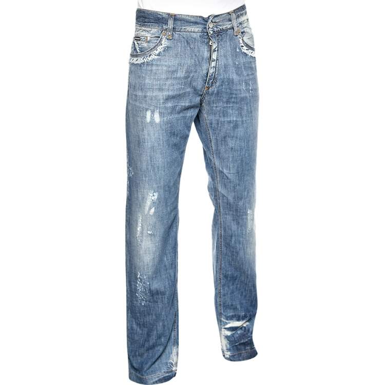 Pre Owned Dolce & Gabbana 20 Blue Denim Loose Fit Distressed Jeans L