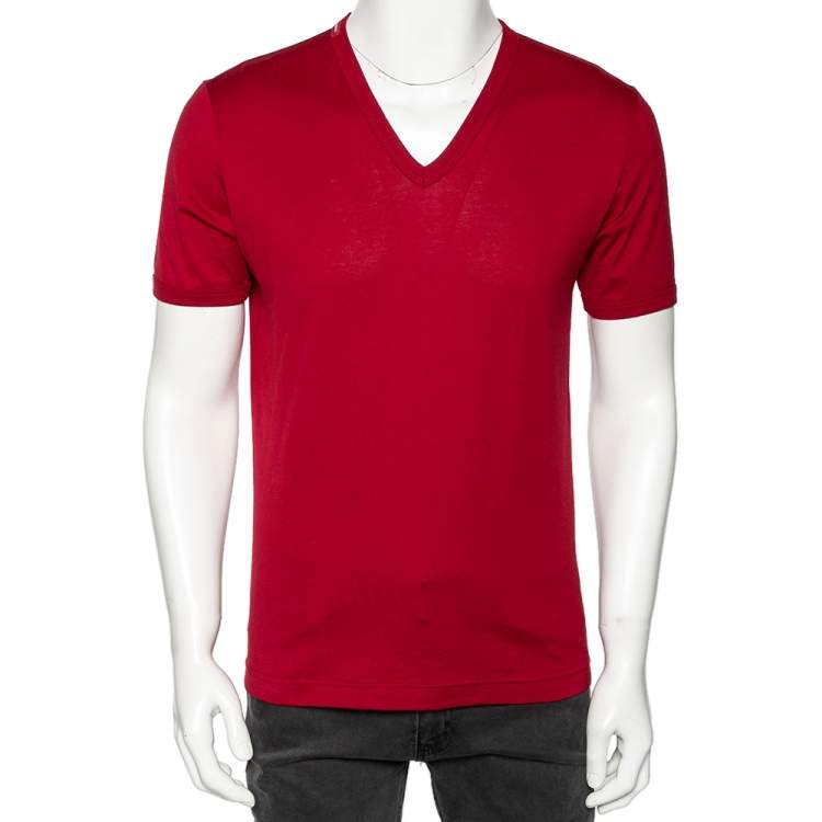 Pre Owned Dolce & Gabbana Red Cotton V-Neck Short Sleeve T-Shirt S