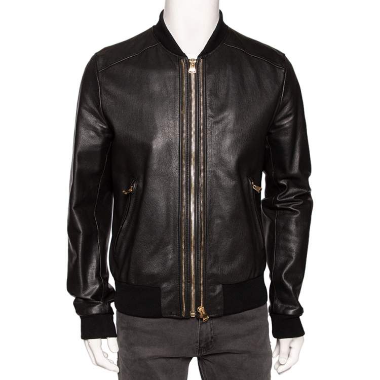 Dolce & Gabbana Black Leather Zip Front Bomber Jacket XL Dolce