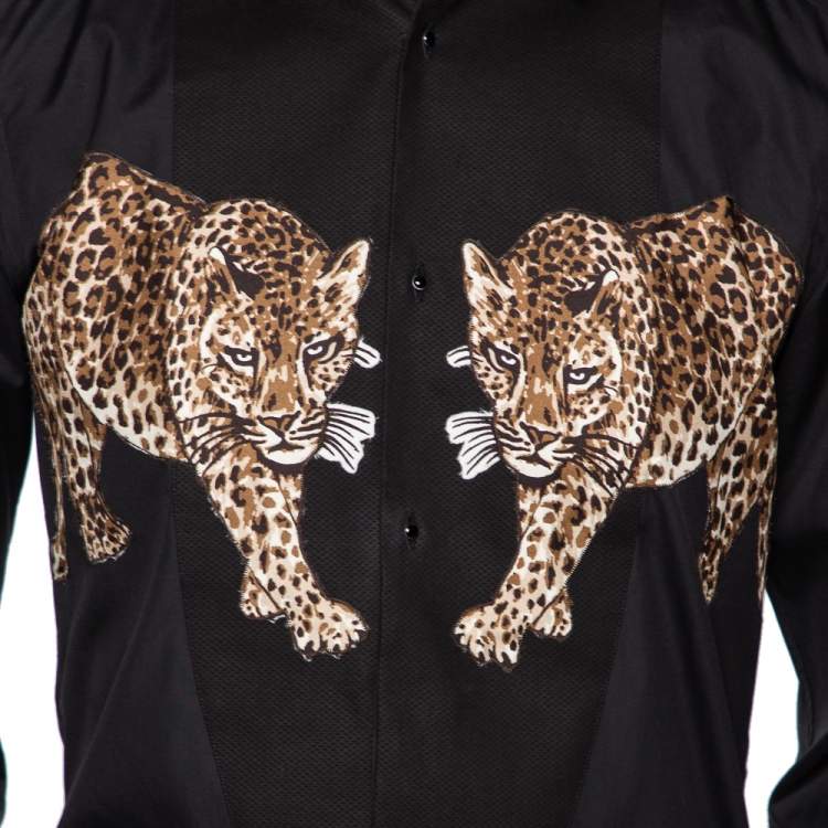 Pre Owned Dolce & Gabbana Black Cotton & Silk Tiger Appliqued Tuxedo Shirt M