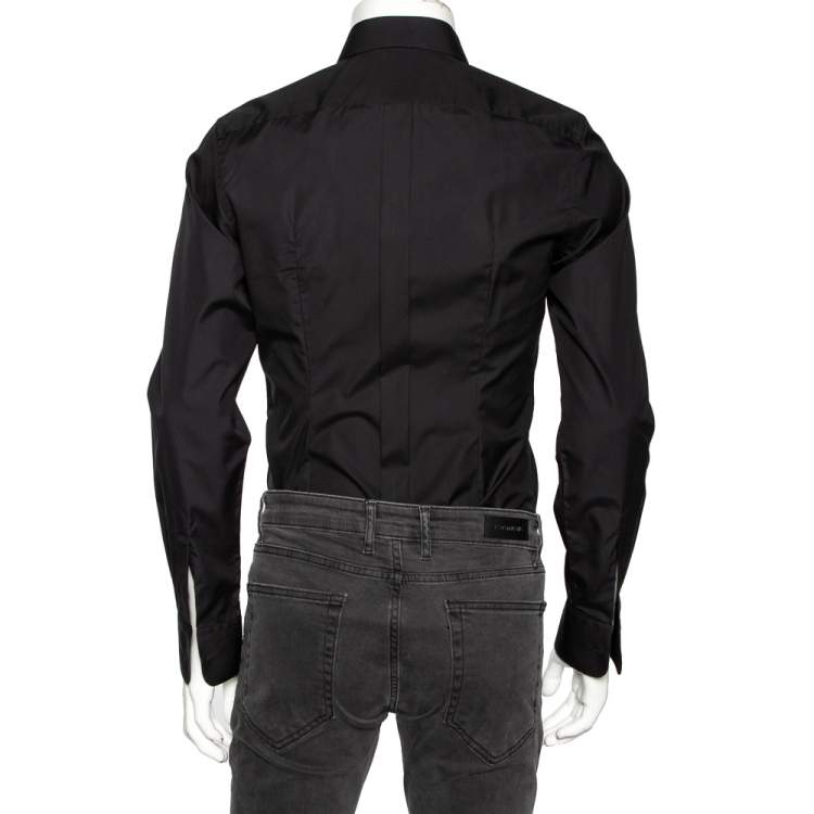 Pre Owned Dolce & Gabbana Black Cotton & Silk Tiger Appliqued Tuxedo Shirt M