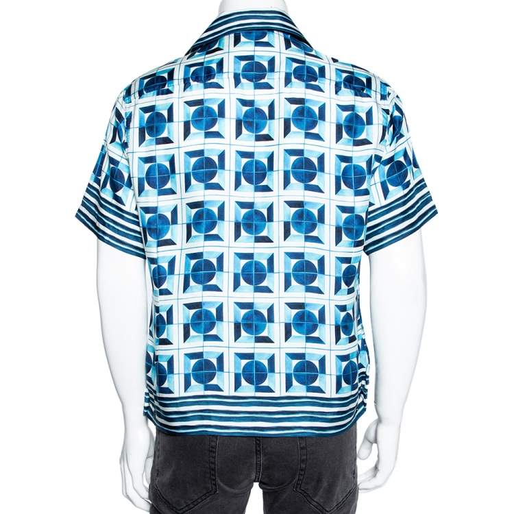 Pre Owned Dolce & Gabbana Blue Printed Silk Short Sleeve Shirt XS