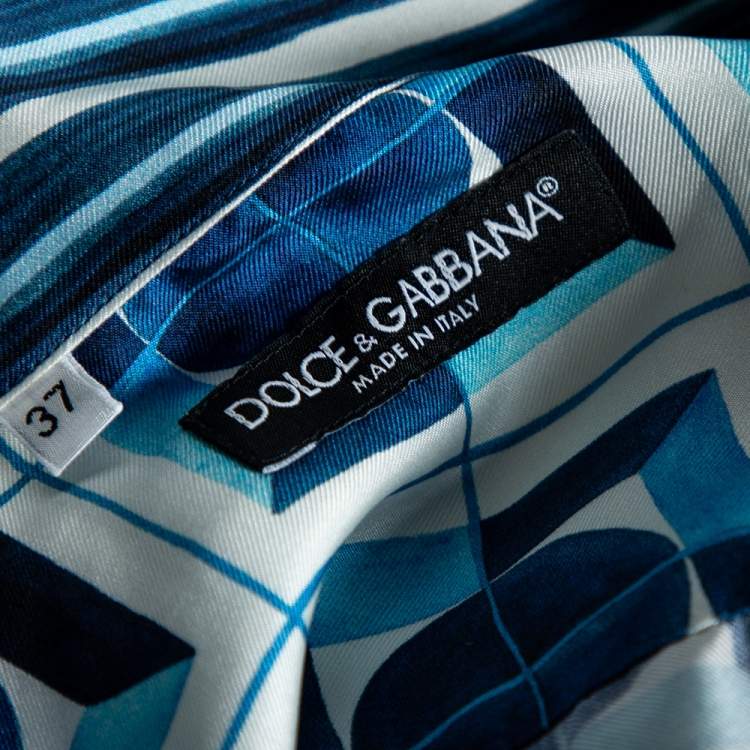 Pre Owned Dolce & Gabbana Blue Printed Silk Short Sleeve Shirt XS