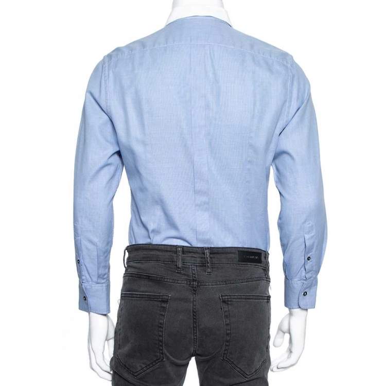 Pre Owned Dolce & Gabbana Blue Cotton & Rib Knit Trimmed Button Front Gold Label Shirt M