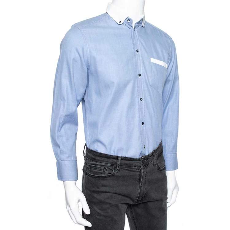 Pre Owned Dolce & Gabbana Blue Cotton & Rib Knit Trimmed Button Front Gold Label Shirt M