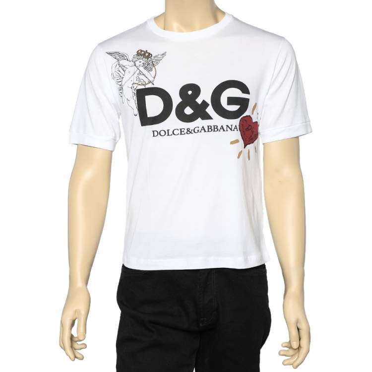 Pre Owned Dolce & Gabbana White Logo Heart Printed Cotton T-Shirt S
