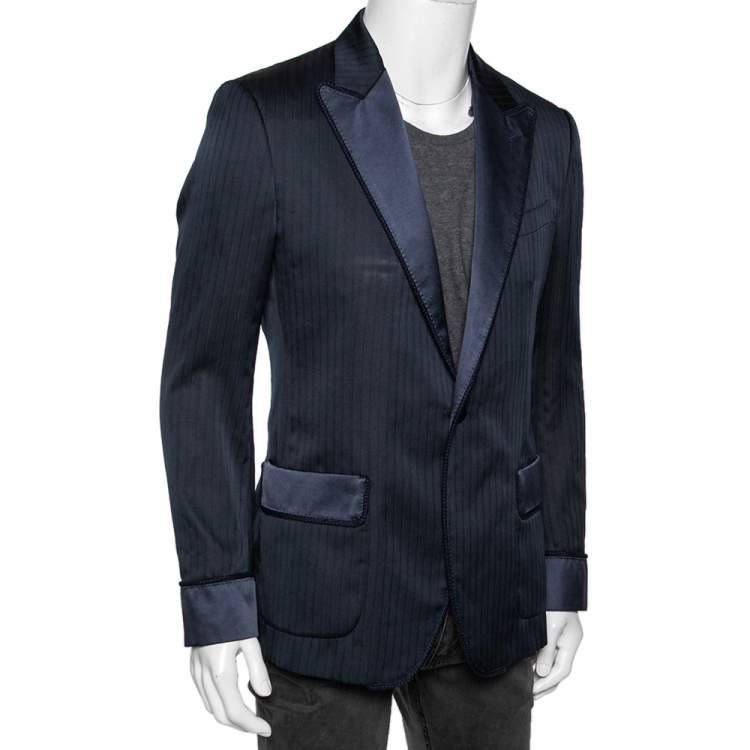 Pre Owned Dolce & Gabbana Blue Stripe Jacquard Silk Single Breasted Blazer L