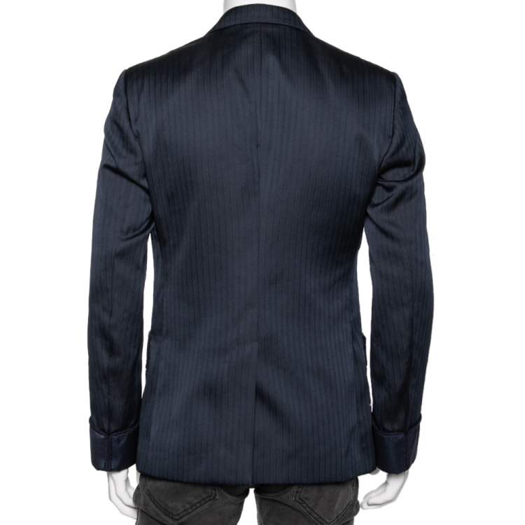 Pre Owned Dolce & Gabbana Blue Stripe Jacquard Silk Single Breasted Blazer L