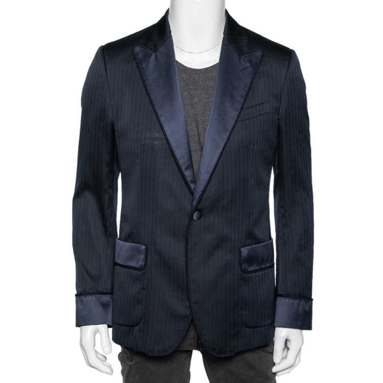 Pre Owned Dolce & Gabbana Blue Stripe Jacquard Silk Single Breasted Blazer L