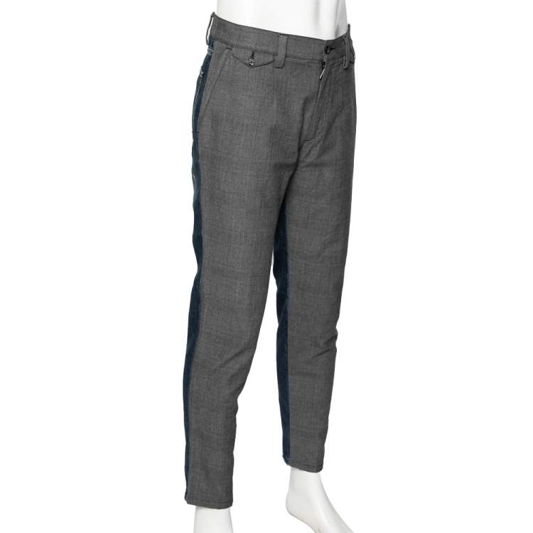 Pre Owned Dolce & Gabbana Grey Cotton & Blue Distressed Denim Paneled Pants M